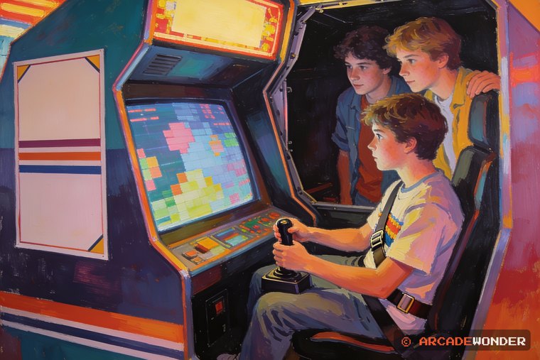 A teenager deep inside a tilting sit-down machine facing its own screen while two friends watch over his shoulders, an AI-made illustration