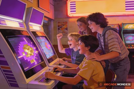 Two kids cheering at a two-player arcade cabinet