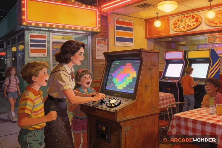 A mother playing an arcade game at a pizza parlor