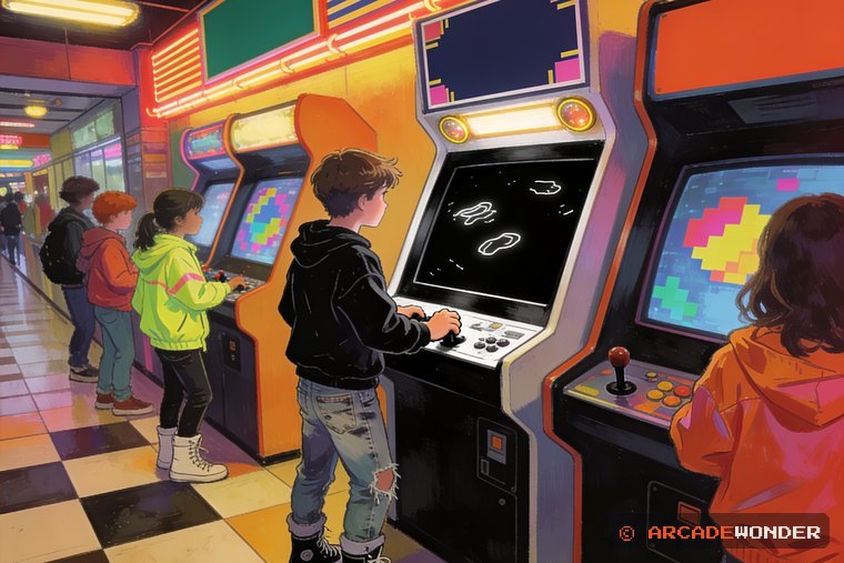 A teenager at a vector-display arcade cabinet