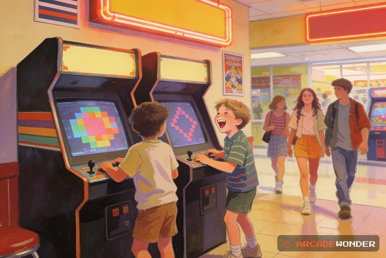 Two kids laughing at a two-player arcade cabinet