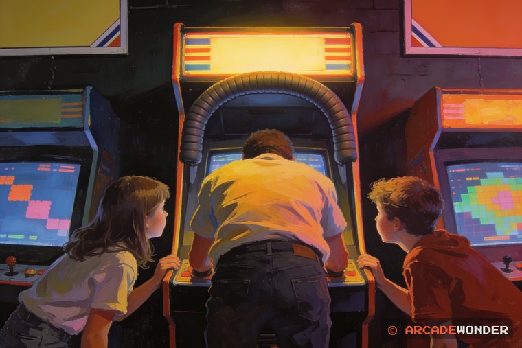A player bent into a cabinet's viewfinder hood while three onlookers crane in from the sides