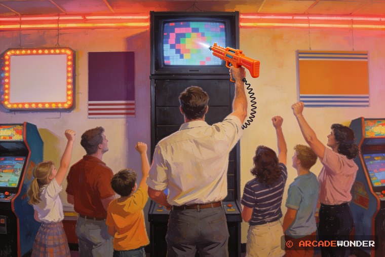 An adult holding a bright orange plastic toy rifle at a cabinet while five others behind him react at once