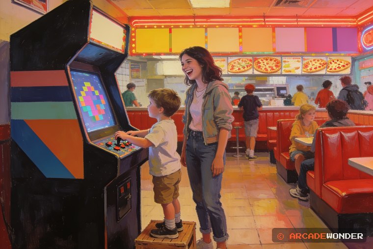 A small boy on a crate reaching the controls of a corner cabinet in a pizza parlor while his older sister laughs beside him