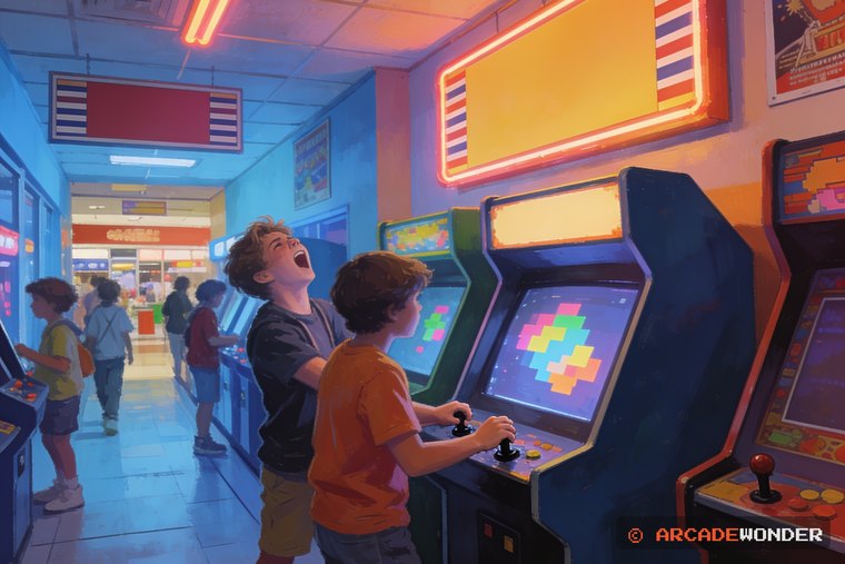 A blue-lit arcade aisle where one player flinches back from the screen while the other keeps both hands on the stick