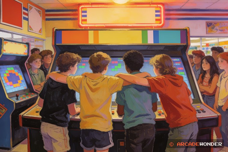 Four teenagers crowded shoulder to shoulder at one wide arcade cabinet while onlookers press in behind them