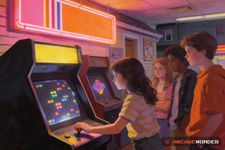 A girl using a trackball arcade cabinet