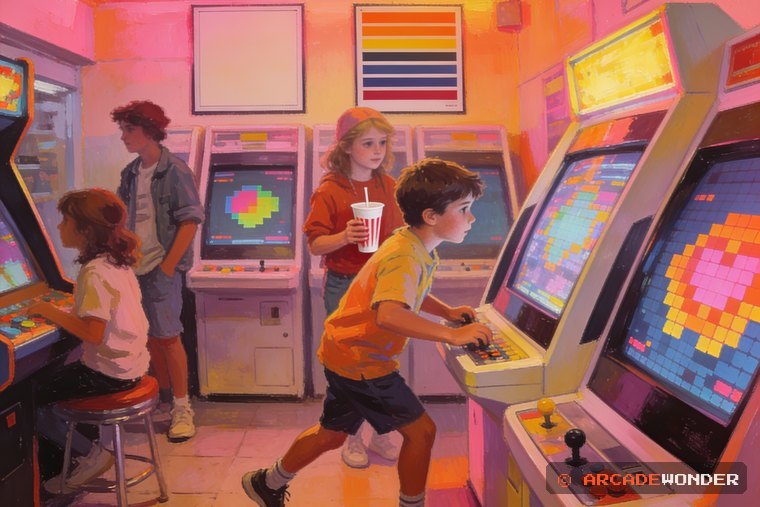 A boy leaning into an upright arcade cabinet