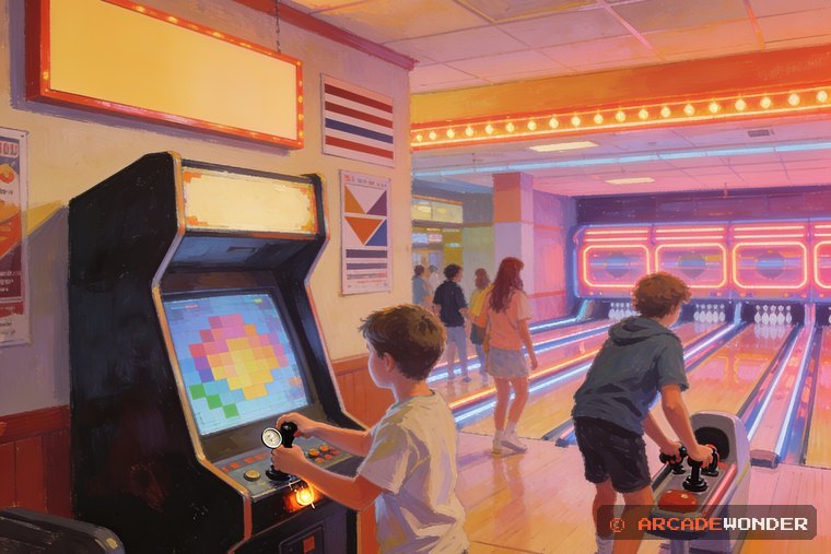 A boy and a stranger playing together at a bowling alley