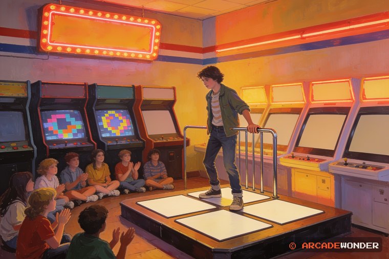 A teenager mid step on a raised dance platform while a half circle of teenagers watches and claps