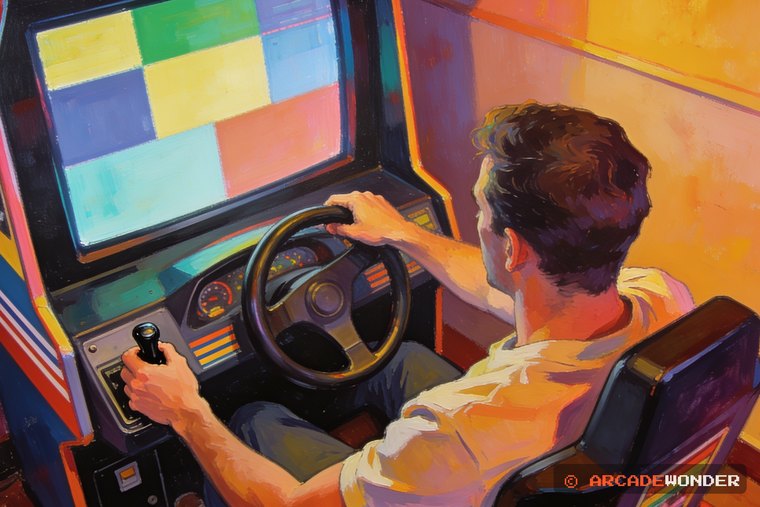 A man turning a wide arcade steering wheel with one hand on the gear lever
