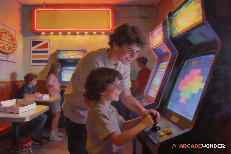 A teenager leaning down to show a much younger sibling how to hold the stick at a cabinet in a pizza parlor