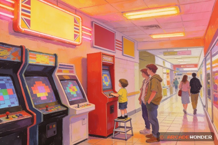 A small kid on a step stool at a tall arcade cabinet