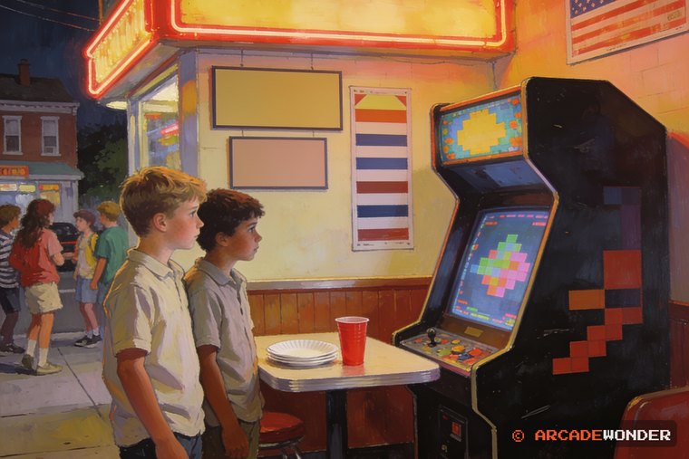 Two boys at a wide cabinet in the back of a pizza place, glancing sideways at each other