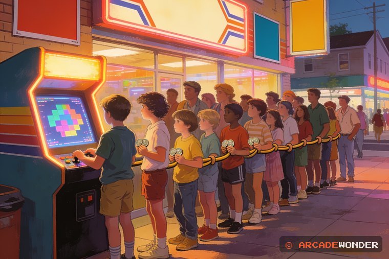 Kids lined up with quarters for one crowded arcade cabinet