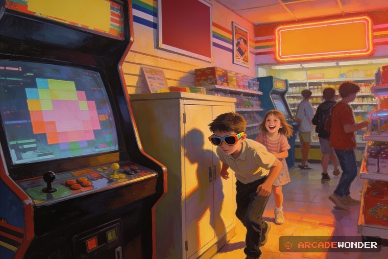 A boy playing secret agent on his way to an arcade cabinet