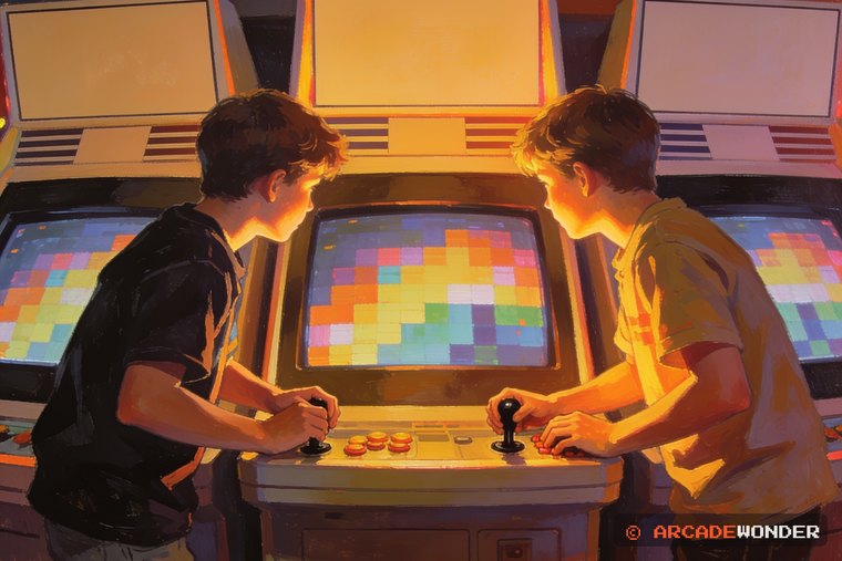 Two teenagers side by side at one cabinet, both hammering buttons