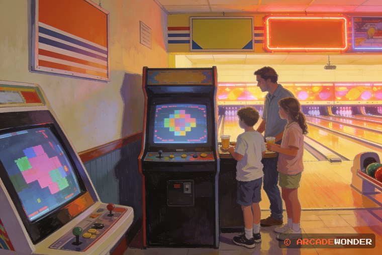 A parent and two kids stopping at a cabinet in a bowling alley lobby while they wait for an order
