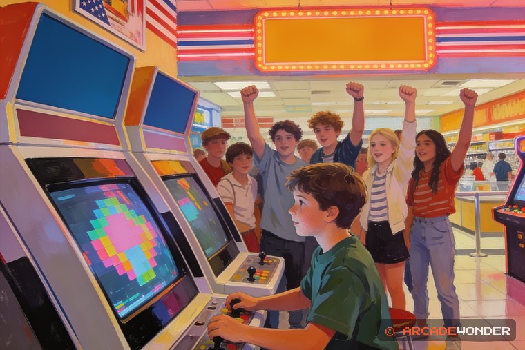 Friends cheering behind a player at a mall arcade