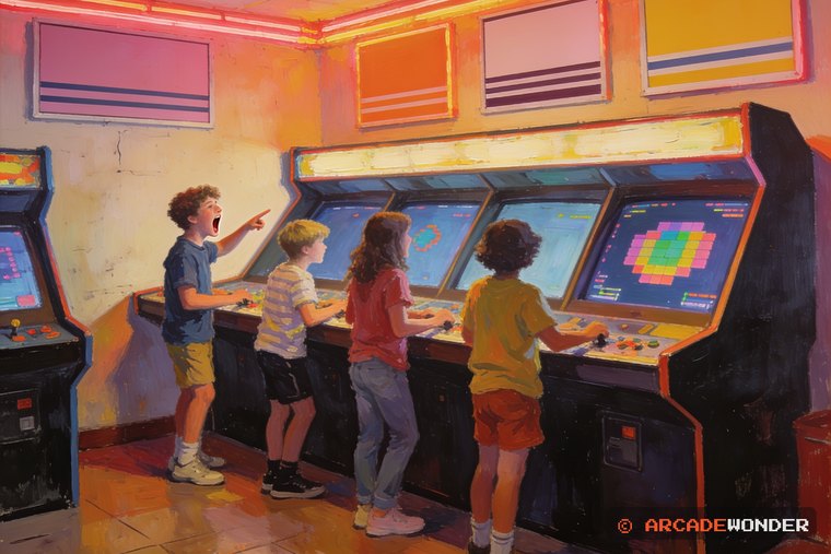 Four strangers standing together at one unusually wide arcade cabinet