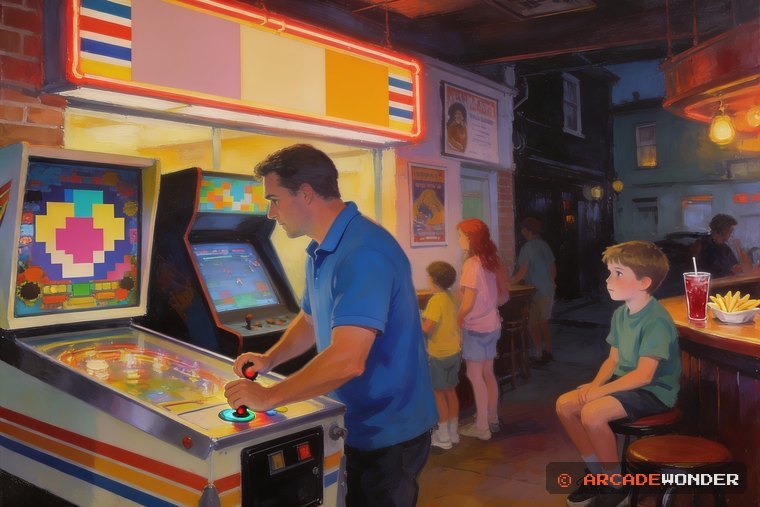 A dad at a bar-top arcade machine with his son