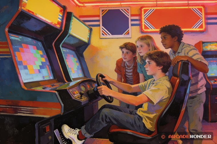 A teenager in the seat of a sit down driving cabinet working the pedals while three people lean in behind to watch