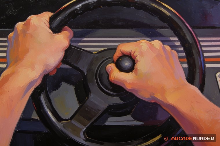 A close view of two hands cranking a racing cabinet wheel, one thumb pressed on a round button at the hub
