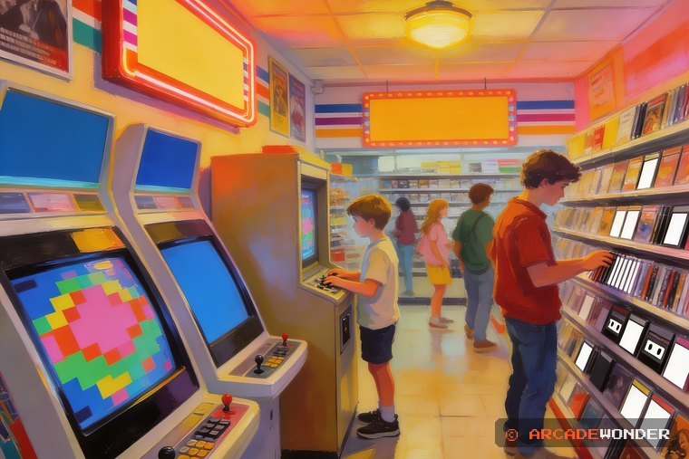 A boy at an arcade cabinet in the corner of a video rental store
