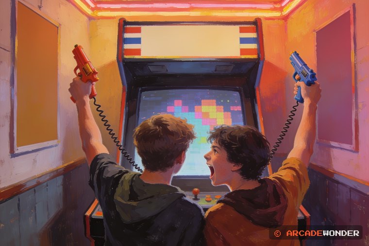 Two teenagers side by side at one wide cabinet, each holding a plastic toy pistol on a cord, one shouting to the other