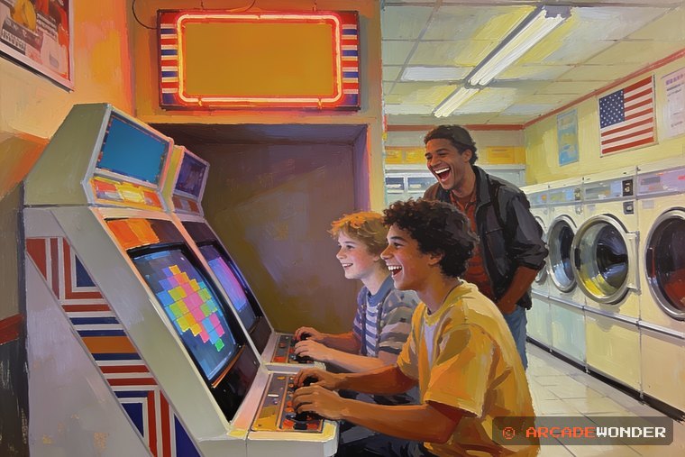Two friends at an arcade cabinet in a laundromat