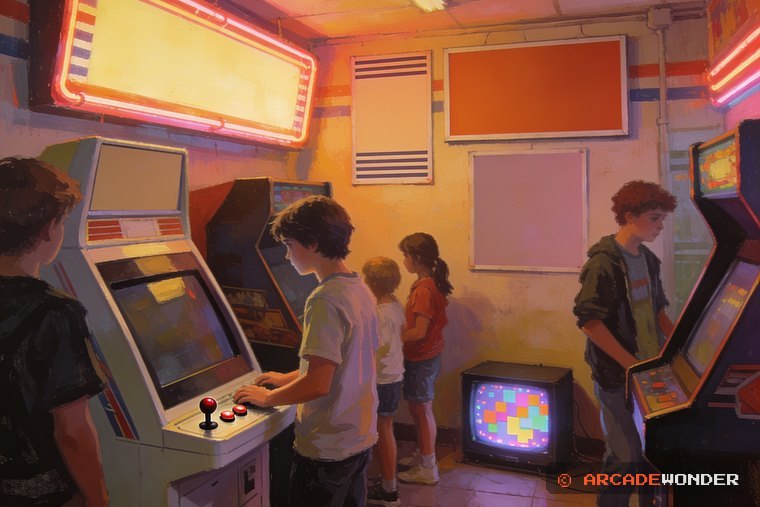 A teenager at a trackball cabinet with a TV in the corner