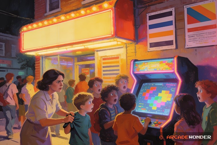 A mother pulling her son away from a crowded mall arcade cabinet