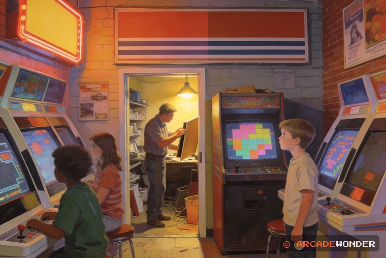 An operator converting an old arcade cabinet as a boy watches