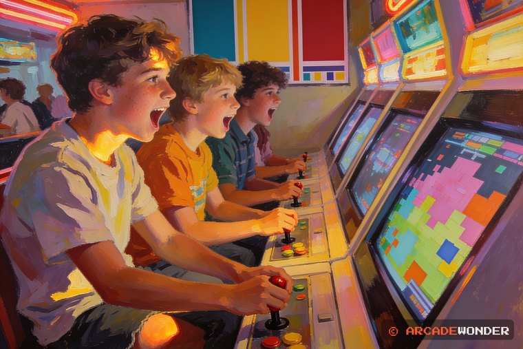 Four teenagers crowded along one cabinet, all shouting mid-game