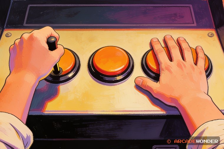 A close view of two hands on a cabinet panel, shoving the stick forward and slapping the buttons flat