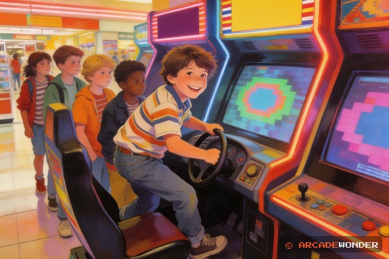 A kid climbing into a sit-down driving cabinet