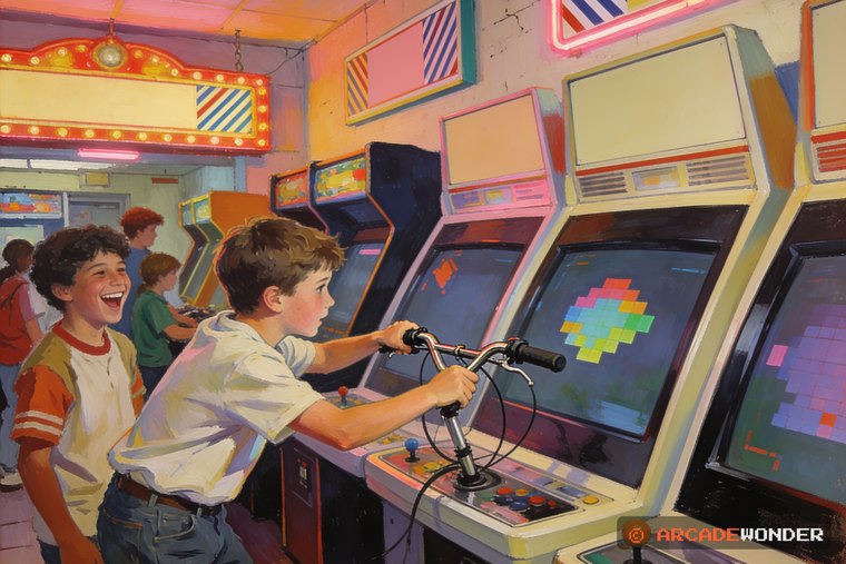 A boy leaning into wide handlebars on an arcade cabinet while a friend laughs beside him