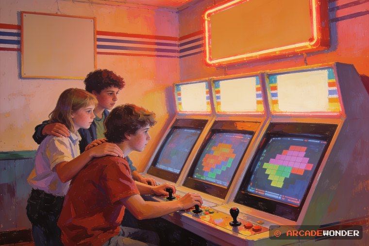 Three teenagers crowded shoulder to shoulder at one wide three-player cabinet while two more watch from behind