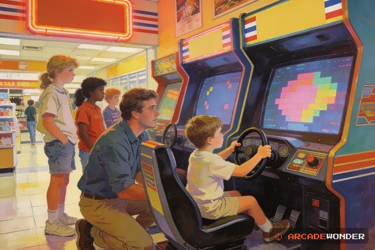 A small boy at a sit-down racing cabinet with his father beside him