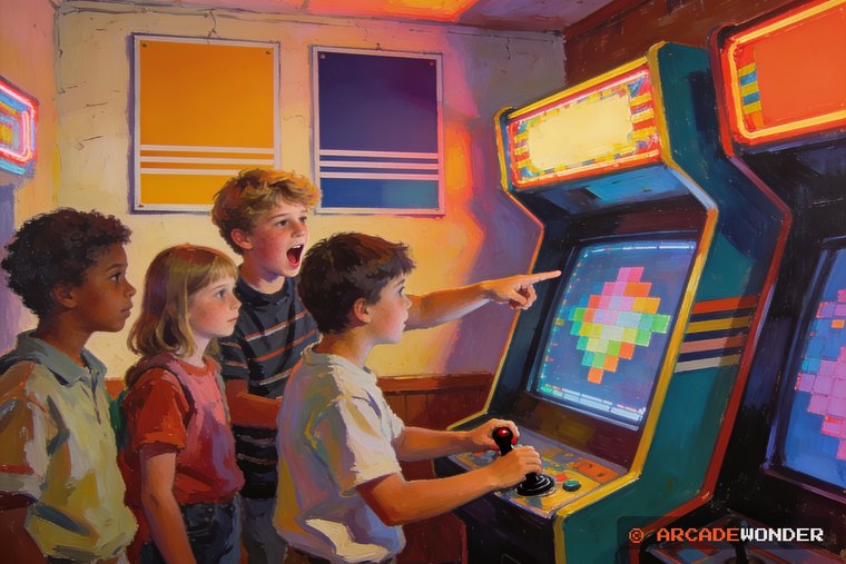 One kid turning from the cabinet to point at his friend while younger children stare at the screen beside them