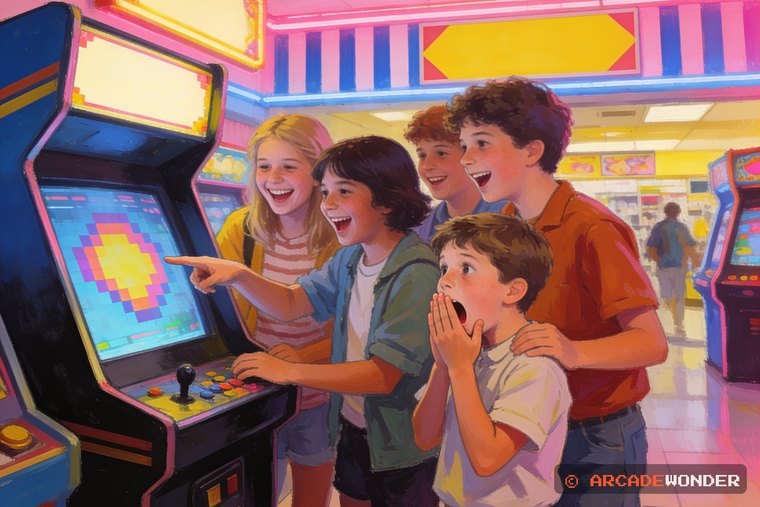 A cluster of kids laughing at a cabinet in a mall arcade while one points at the screen and a younger boy covers his mouth in mock shock