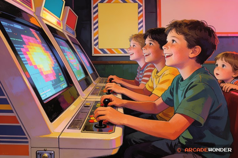 Three kids in a row at one wide cabinet, all grinning and leaning back, with two younger children watching