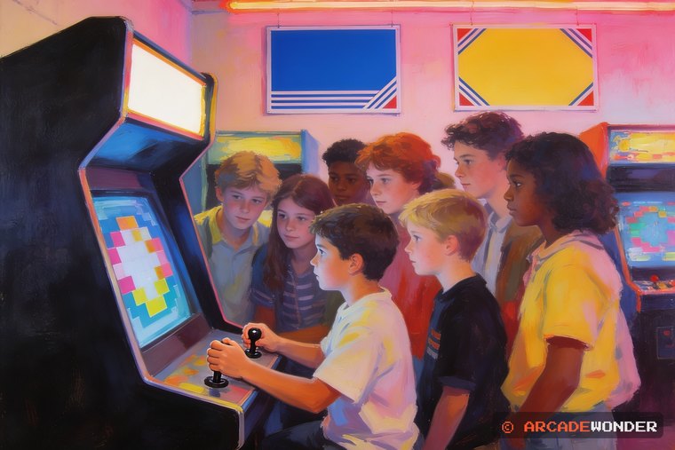 A small crowd pressed behind a player working two short joysticks at an upright arcade cabinet
