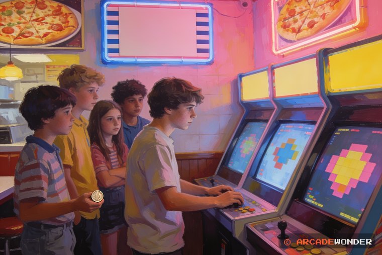 A teenager playing calmly at a cabinet in a pizza place while five kids crowd behind him, one still holding an unspent coin