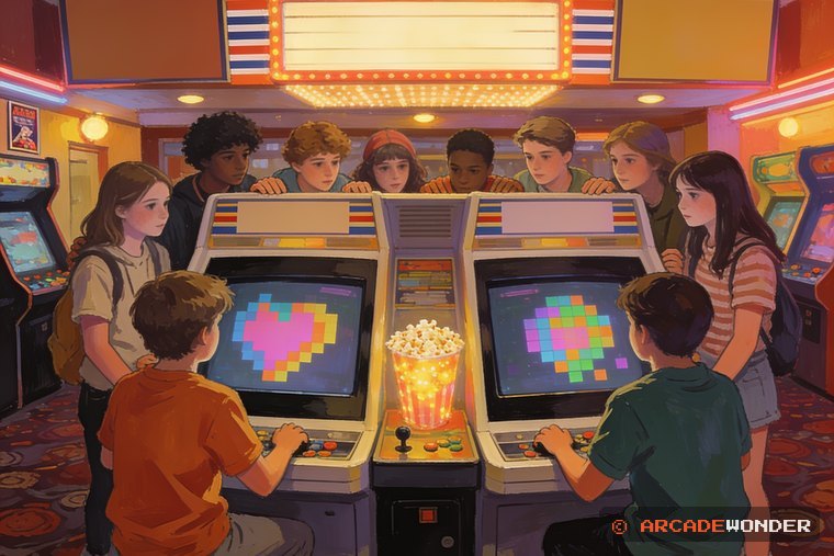 A hushed crowd behind two players in a theater lobby