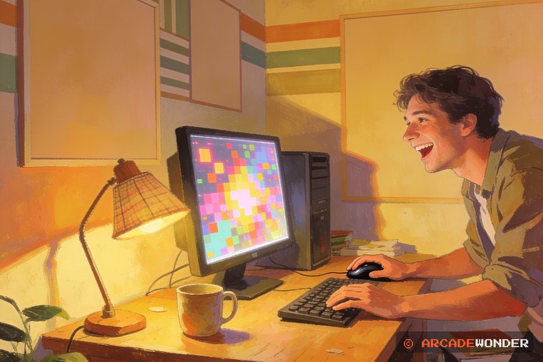 A young man at a home desk playing on a computer late at night