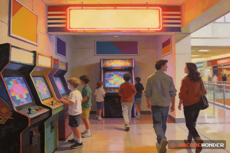 Kids drifting across a mall concourse toward one loud cabinet while passing adults turn their heads toward the sound