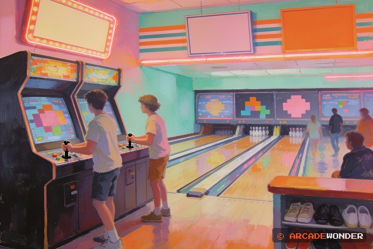 Two teenagers playing side by side on one wide cabinet beside the lanes of a bowling alley