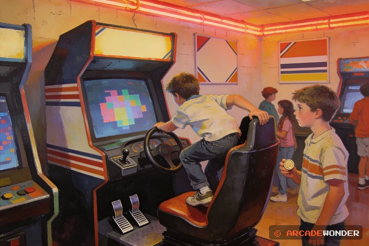 A boy climbing into the seat of a large sit-down driving cabinet while another waits with a coin