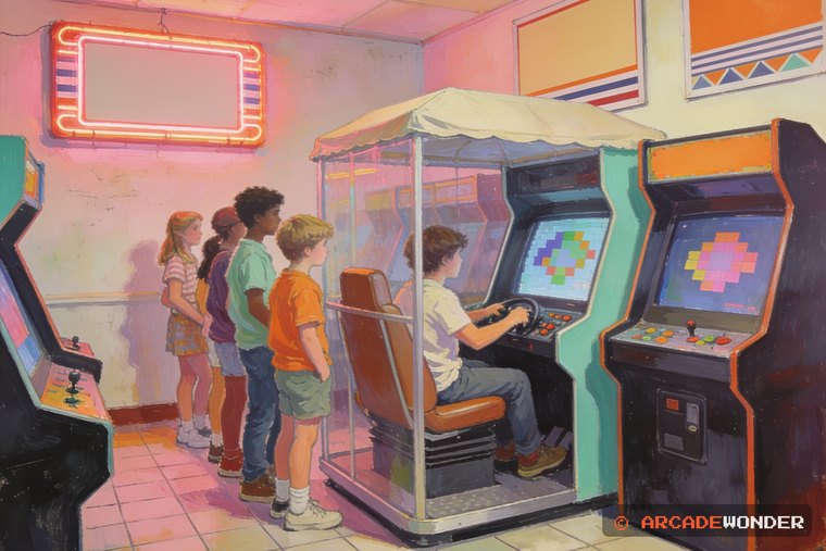 Kids queueing beside an enclosed sit-down cabinet while one player sits inside it